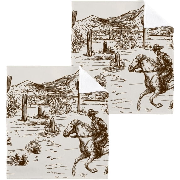 Dreamtimes Western Desert Cowboy Washcloths, 2 PCS 12 X 12 Inches Cotton Wash Cloths, Highly Absorbent and Soft Face Towels for Bathroom,Gym,Hotel and Spa
