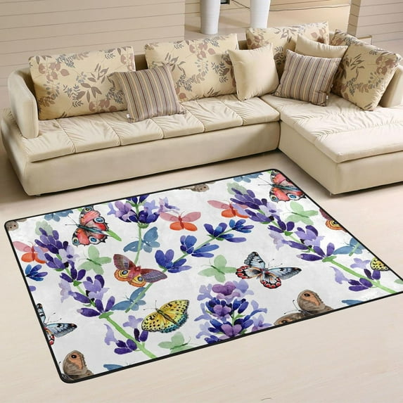 Dreamtimes Wildflower Lavender Flower Area Rug, 36"x24" Watercolor Summer Floor Carpet Non-Slip Washable Indoor Door Mat for Bedroom Kitchen Entryway Bathroom