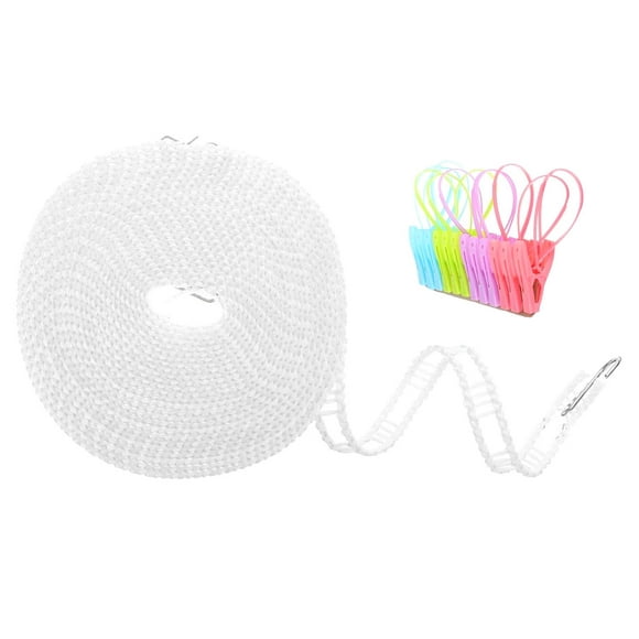 Dreamtimes Wind-Resistant Clothesline, 10 Meters 33 Feet Plastic Laundry Drying Cord with 12 Clips, Compact Washing Line for Outdoor Camping and Travel, White