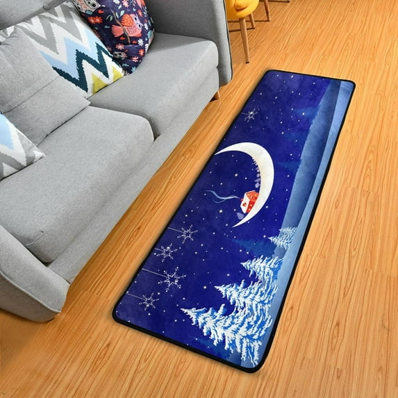 Dreamtimes Winter Crescent Moon Hallway Runner Rug 2'x6' Kitchen Rug with Rubber Backing Snow House Non Slip Entryway Rug Runner Washable Soft Area Rug for Hallway Bedroom Kitchen Decor