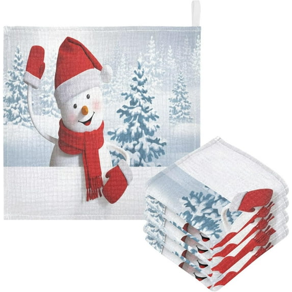 Dreamtimes Winter Funny Snowman Baby Muslin Washcloths Face Towel, Christmas Snowy Tree Burp Cloths Cotton Wipes 5 PCS Infant Wash Cloth for Newborn Boys Girls 12x12 inches