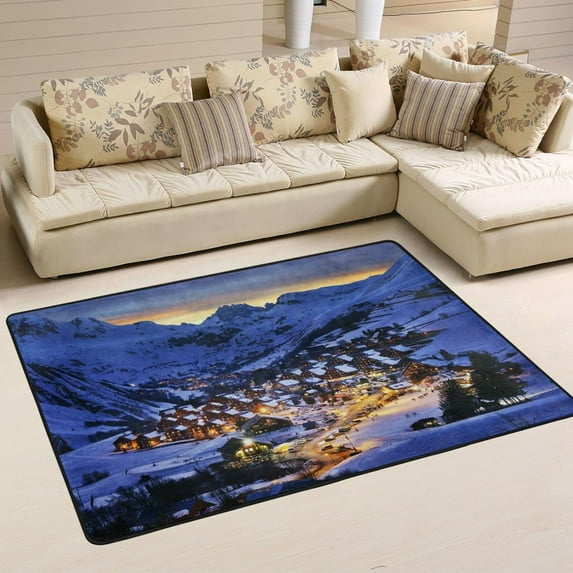 Dreamtimes Winter Night Landscape Non-Slip Area Rug 72"x48", French Alps Rural Soft Non Slip Washable Floor Mats for Indoor Front Porch,Living Room, Bedroom,Kitchen