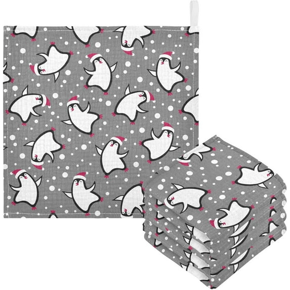 Dreamtimes Winter Penguin Baby Muslin Washcloths Face Towel, 3 PCS Merry Christmas Burp Cloths Cotton Wipes Infant Wash Cloth for Newborn Boys Girls 12x12 inches