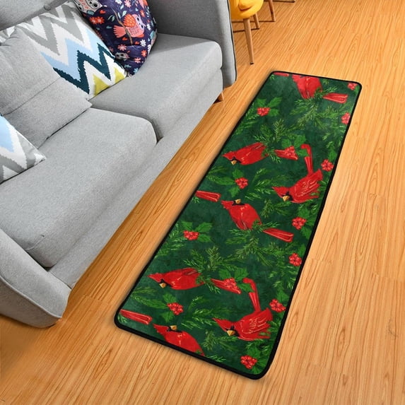 Dreamtimes Winter Red Birds Xmas Hallway Runner Rug 2'x6' Kitchen Rug with Rubber Backing Green Christmas Leaf Non Slip Entryway Rug Runner Washable Soft Area Rug for Hallway Bedroom Kitchen Decor