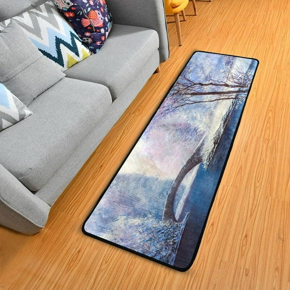 Dreamtimes Winter River Snow Hallway Runner Rug 2'x6' Kitchen Rug with Rubber Backing Tree Bridge Landscape Non Slip Entryway Rug Runner Washable Soft Area Rug for Hallway Bedroom Kitchen Decor