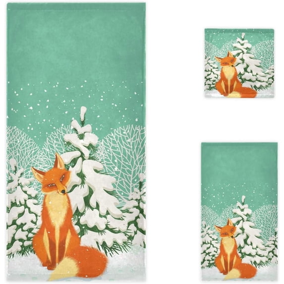 Dreamtimes Winter Snow Forest Red Fox Soft Luxury Decorative Set of 3 Towels, 1 Bath Towel+1 Hand Towel+1 Washcloth, Multipurpose for Bathroom, Hotel, Gym, Spa and Beach(Green)