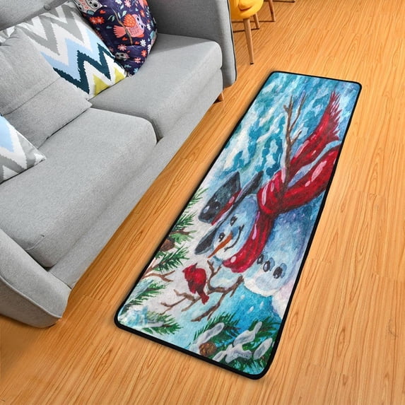 Dreamtimes Winter Snowman Hallway Runner Rug 2'x6' Kitchen Rug with Rubber Backing Red Cardinal Bird Non Slip Entryway Rug Runner Washable Soft Area Rug for Hallway Bedroom Kitchen Decor