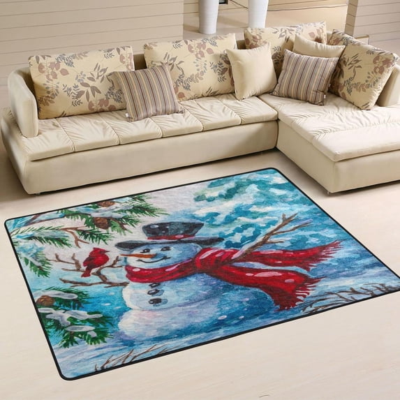 Dreamtimes Winter Snowman Non-Slip Area Rug 36"x24", Red Cardinal Bird Floor Carpet Comfort Floor Mats Decor for Indoor Front Porch,Living Room, Bedroom,Kitchen