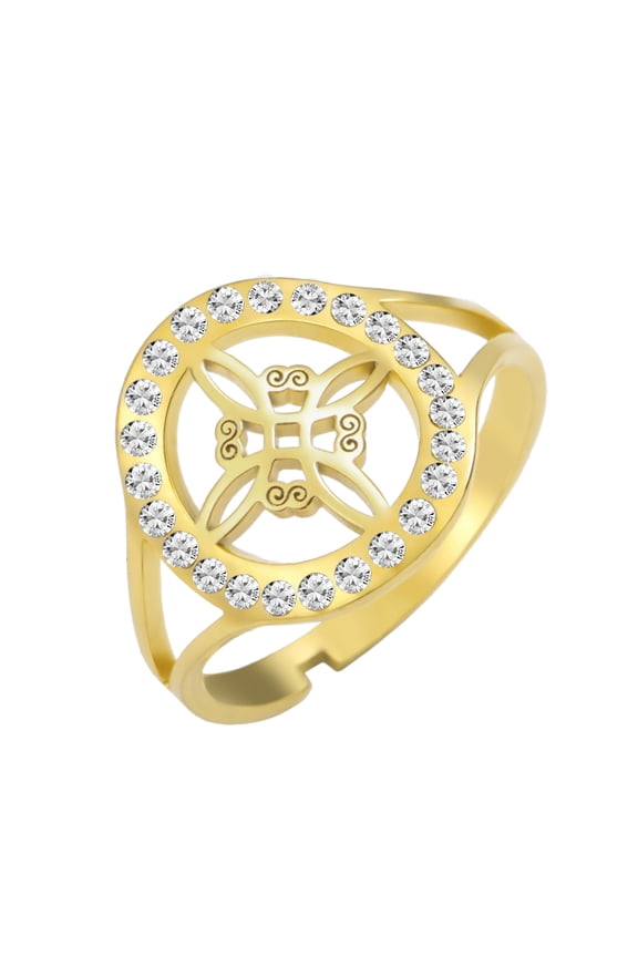 Dreamtimes Witch Knot Ring for Women Celtic Quaternary Wiccan Witches Knot Ring Stainless Steel Adjustable Open Finger Rings with Clear Zircon Round Witchcraft Amulet Jewelry