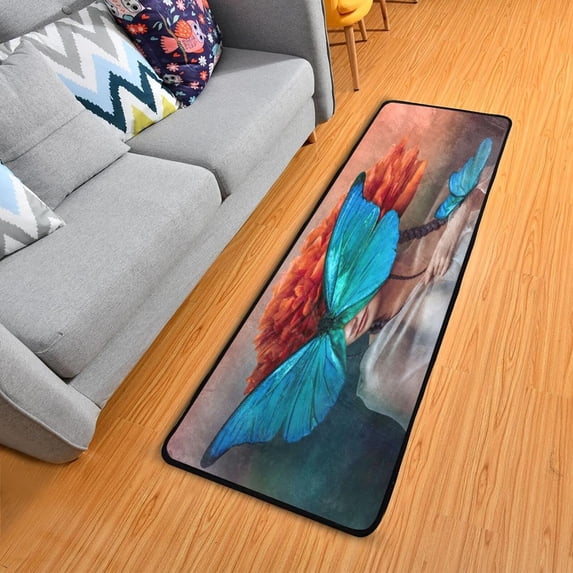 Dreamtimes Woman Blue Butterflies Hallway Runner Rug 2'x6' Kitchen Rug with Rubber Backing Peony Flower Non Slip Entryway Rug Runner Washable Soft Area Rug for Hallway Bedroom Kitchen Decor