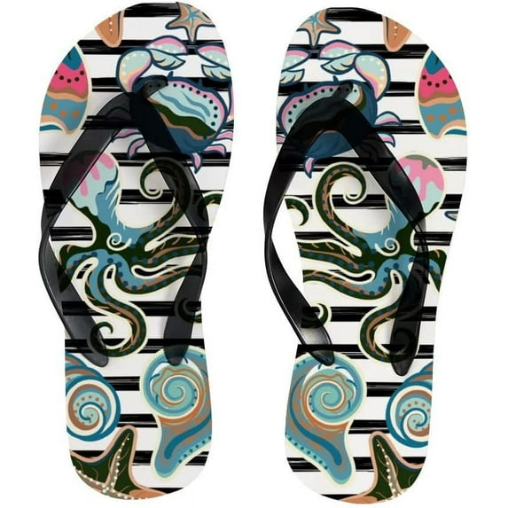 Dreamtimes Women Flip Flops Slippers Abstract Vintage Ocean Sea Animals World Conch Starfish Sandals for Beach Summer Shower Men Boy Girl Kid