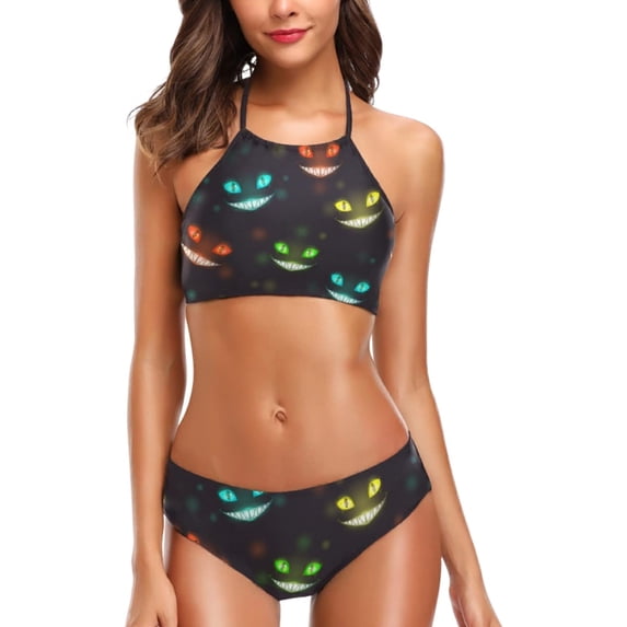Dreamtimes Women's Ethnic Retro Hot Neck Tie Halter 2 Pcs High Waist Push up Swimsuit Bathing Bikini Set for Girls, X-Large
