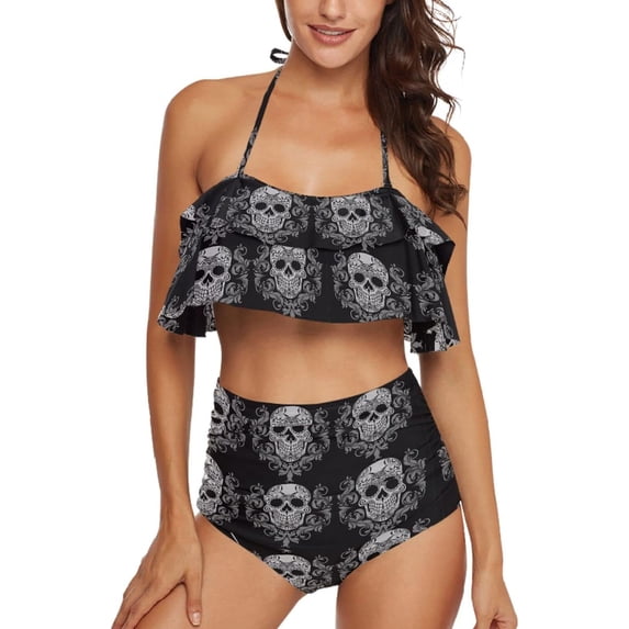 Dreamtimes Womens Ruffled Top Swimsuit Trendy Sugar Skull Black Art Two Piece Halter Tankini Sexy Bathing Bikini Set, XX-Large