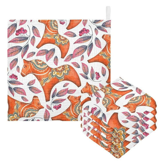 Dreamtimes Wooden Red Horse Baby Muslin Washcloths Face Towel, Floral Leaves Burp Cloths Cotton Wipes 5 PCS Infant Wash Cloth for Newborn Boys Girls 12x12 inches