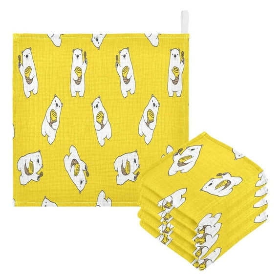 Dreamtimes Yellow Honey Bee Baby Muslin Washcloths Face Towel, Cartoon Polar Bear Burp Cloths Cotton Wipes 5 PCS Infant Wash Cloth for Newborn Boys Girls 12x12 inches