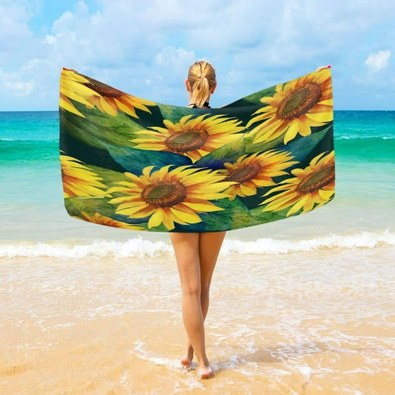 Dreamtimes Yellow Sunflowers Green Leaves Beach Towel Microfiber, 31"x 71" Large Quick Dry Travel Towel Beach Blanket for Women Men Travel Swim Camping Holiday