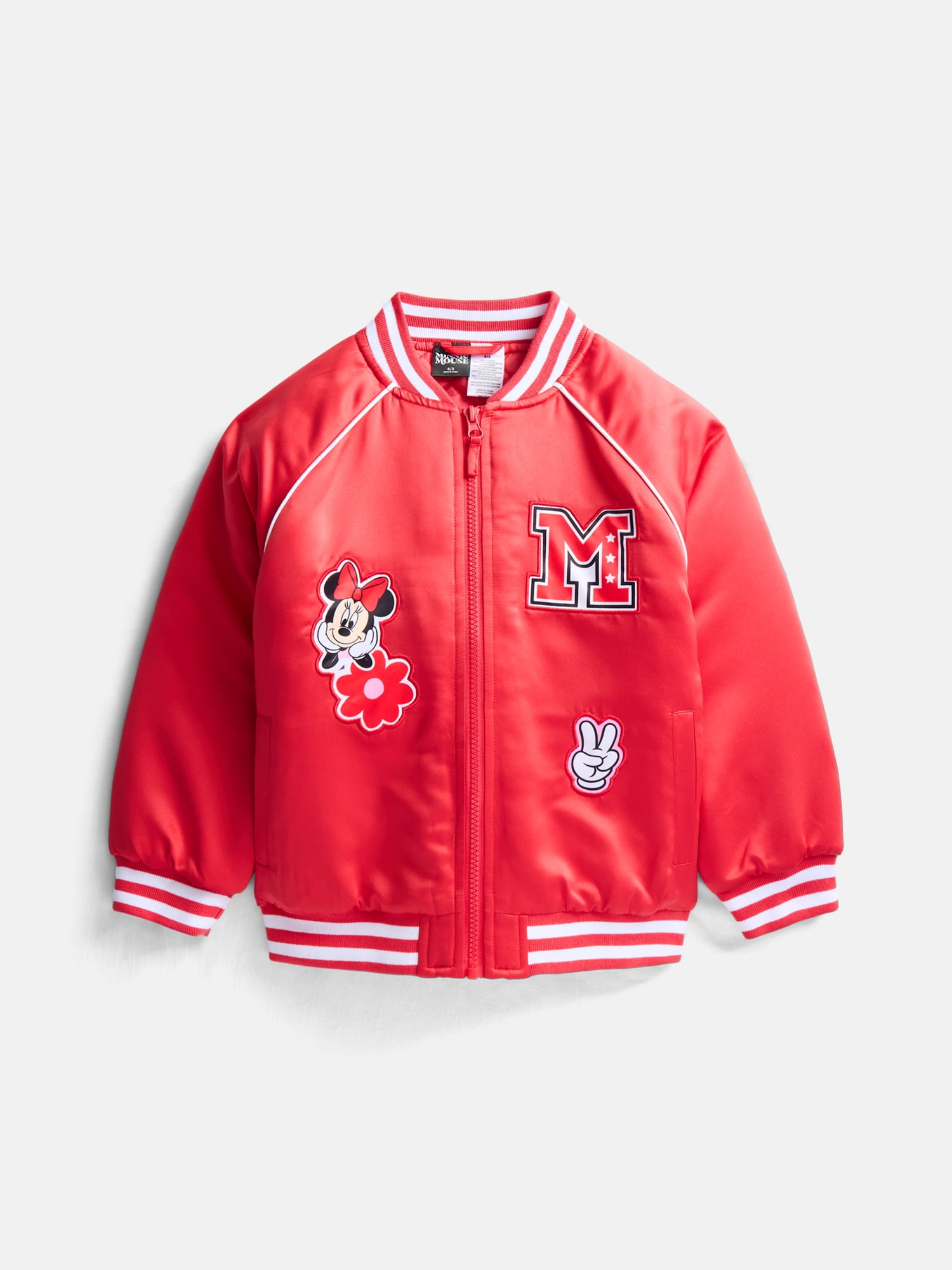 Minnie Mouse Girls' Graphic Patch Varsity Sateen Jacket with Long Sleeves, Sizes 4-12