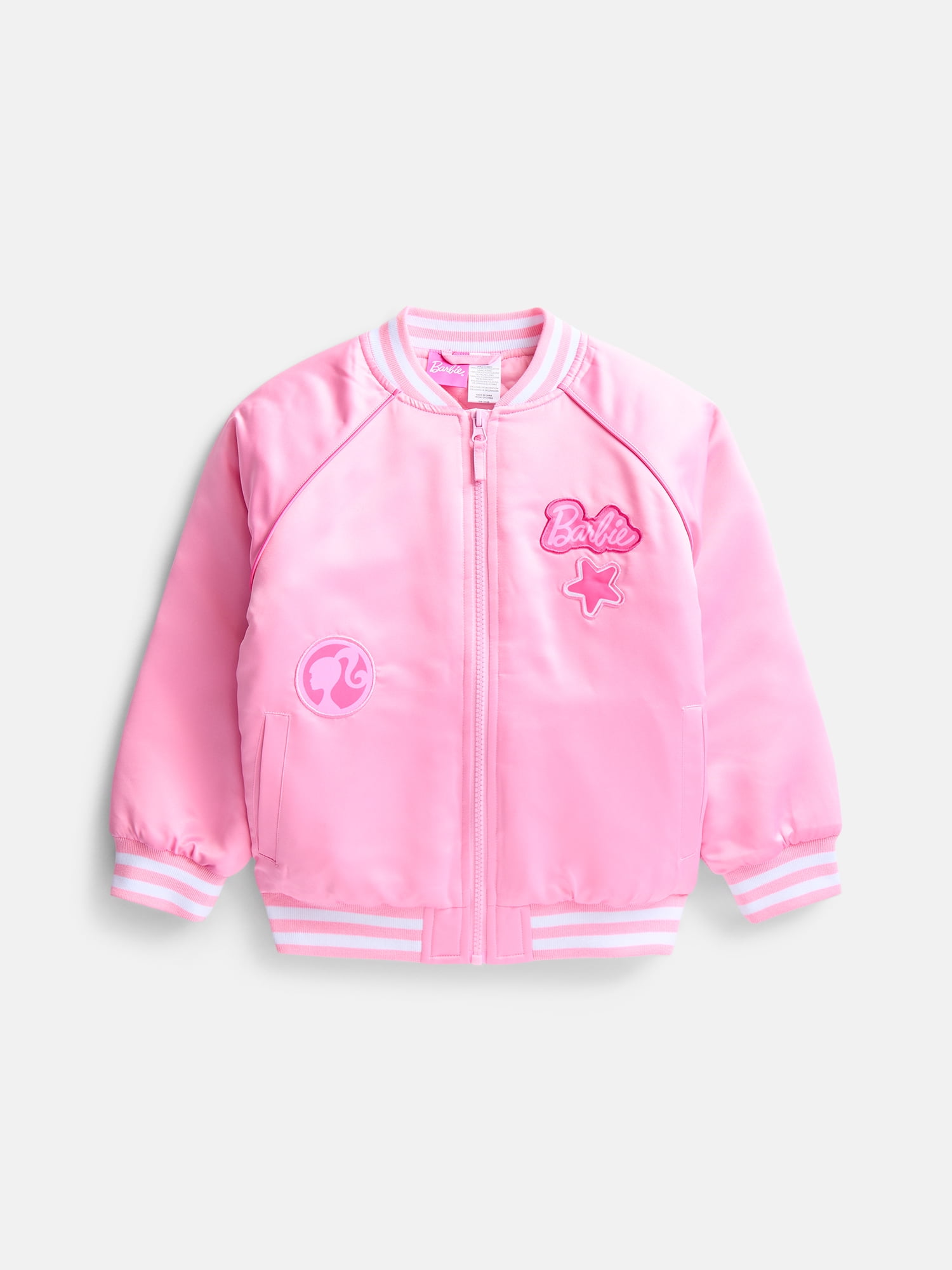 Barbie Girls' Graphic Patch Varsity Sateen Jacket with Long Sleeves, Sizes 4-12