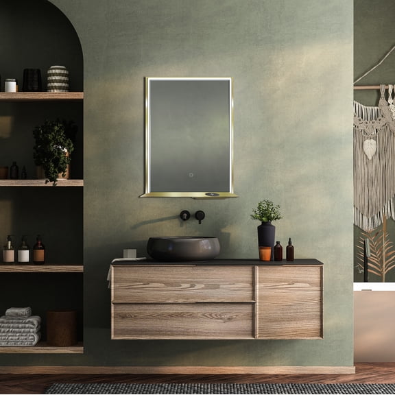 Dreamwerks 24"W x 32"H Matte Gold Framed LED Mirror with Integrated Cell Phone Charger