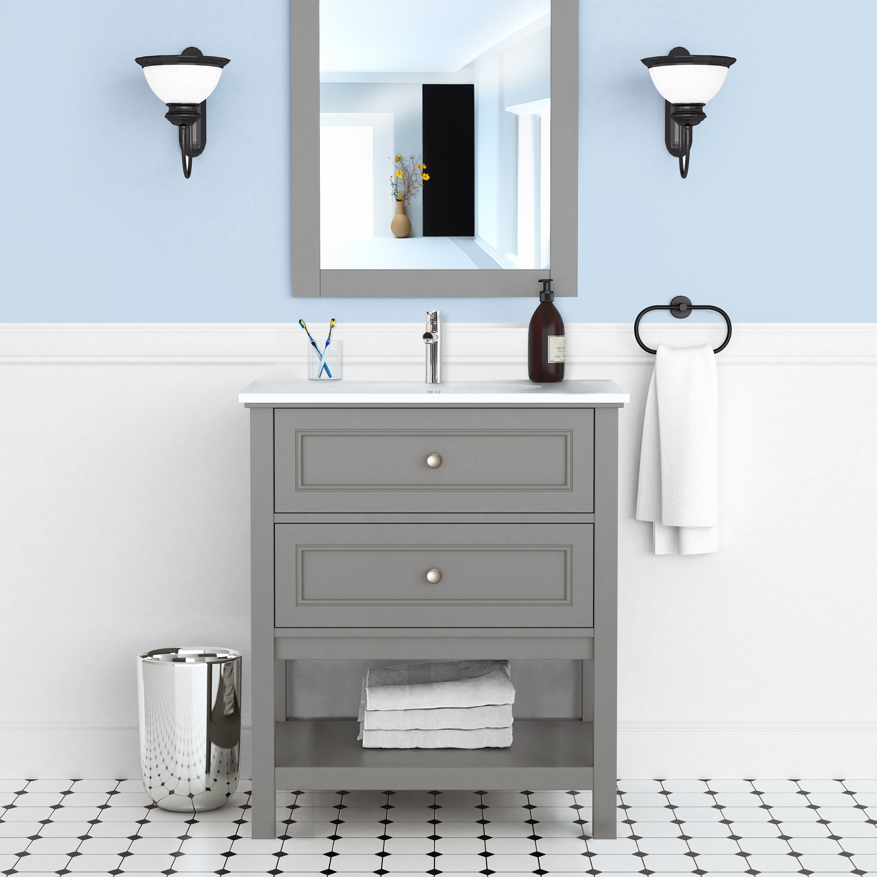 Gray PVC Freestanding Vanity with White Ceramic Top, 30"