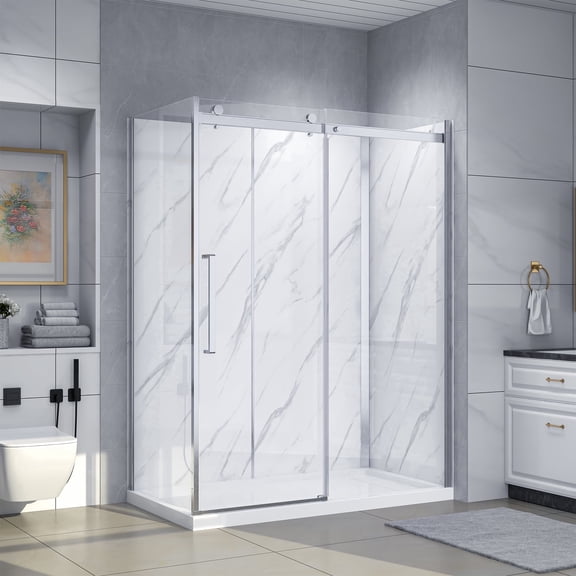 Dreamwerks Bristol 60x32x79.2 Rectangular Acrylic Shower Kit with Sliding Door, Base & Walls in Brushed Nickel
