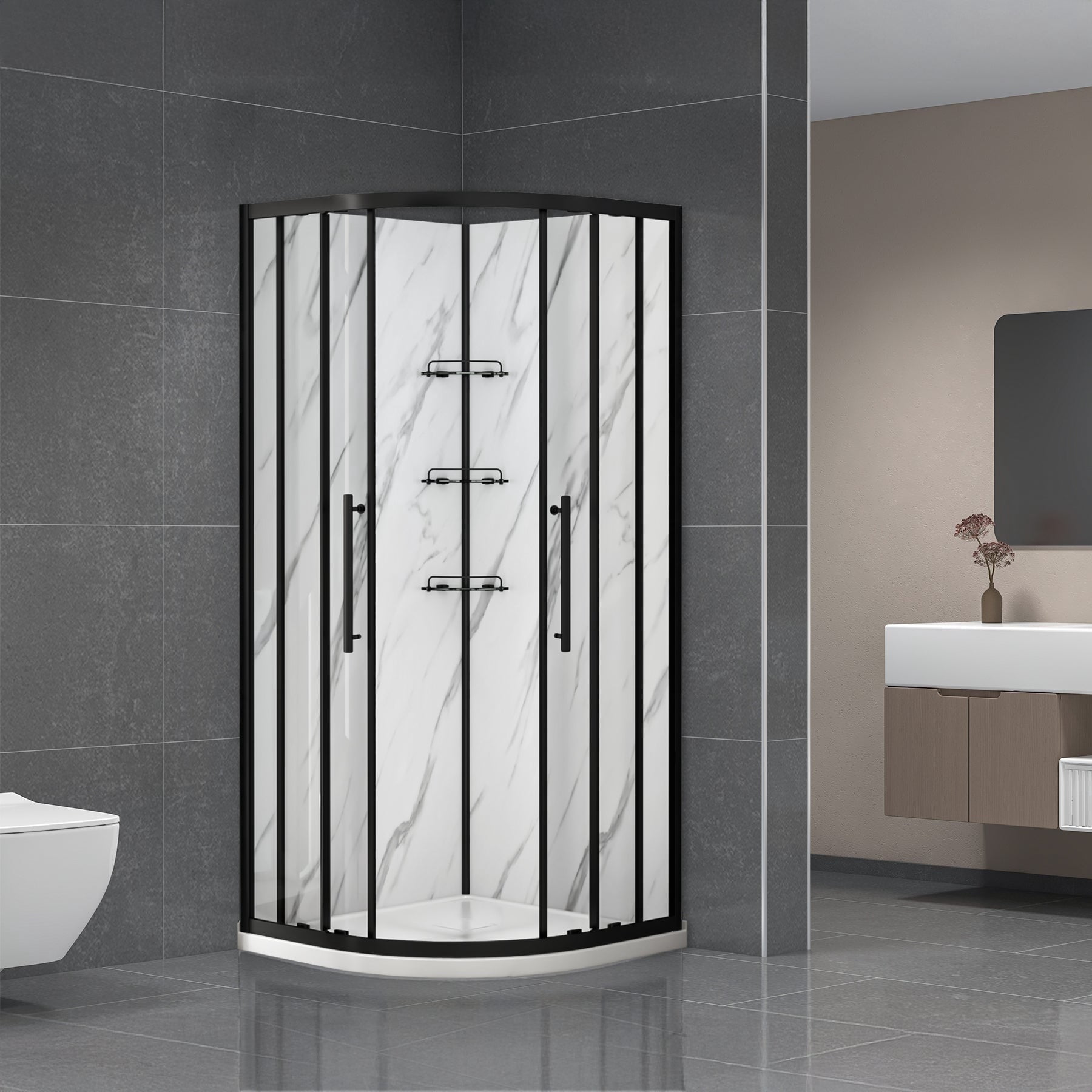 Dreamwerks Monaco 36x36x75 Round Shower Enclosure, Clear Glass Panels, Black Frame, Door, Base, and Walls