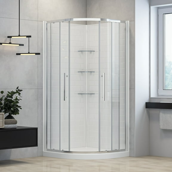 Dreamwerks Monaco 36x36x75 Round Corner Shower Stall w/ Sliding Clear Glass Door, Base & Tile Walls in Chrome