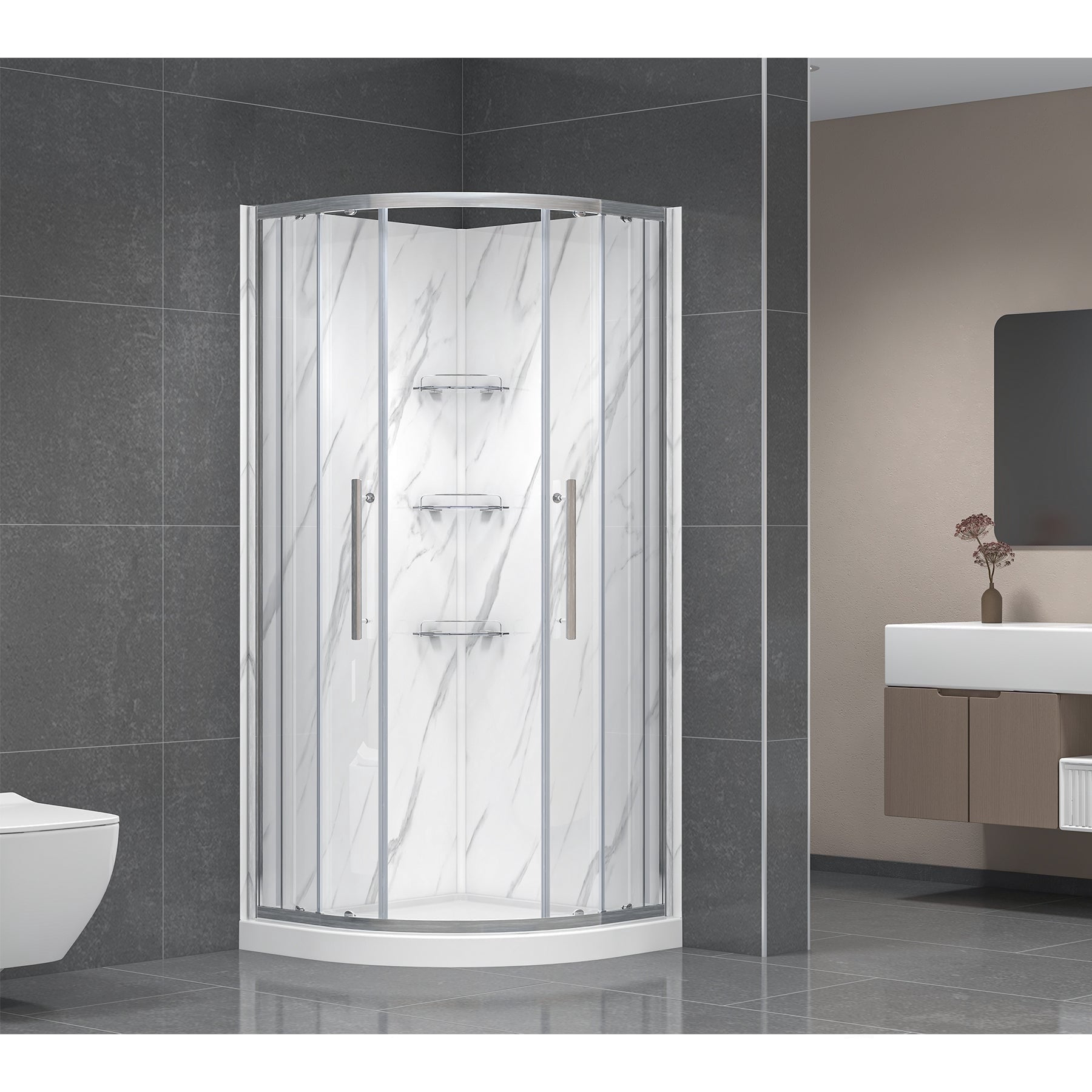 Dreamwerks Monaco 38x38x75 Brushed Nickel Sliding Glass Shower Stall with Base and Wall Panels