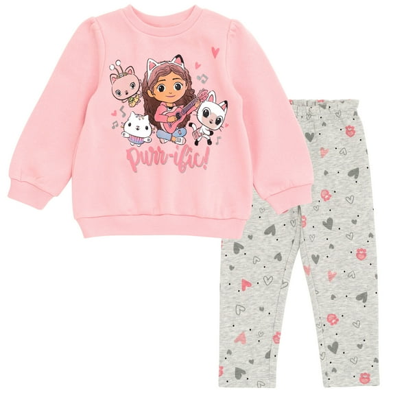 Dreamworks Gabby's Dollhouse Pandy Paws Cakey Cat Kitty Fairy Little Girls Fleece Sweatshirt and Pant Set Pink / Gray 6