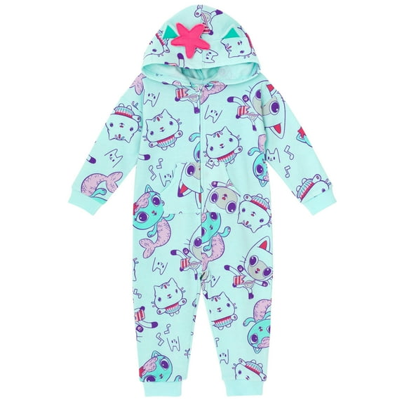 Dreamworks Gabby's Dollhouse Pandy Paws Cakey Cat MerCat Toddler Girls Fleece Zip Up Coverall Blue 2T