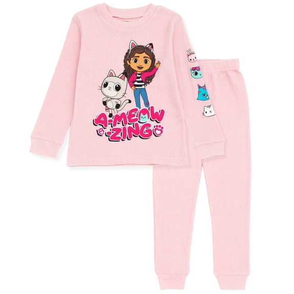 Dreamworks Gabby's Dollhouse Pandy Paws Cakey Cat MerCat Toddler Girls Thermal T-Shirt Pants Pink 4T