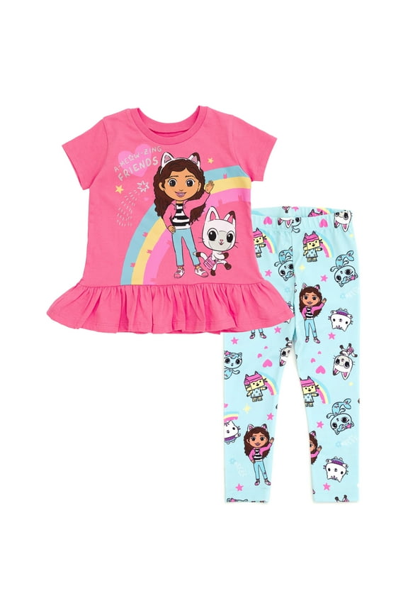Gabby's Dollhouse Pandy Paws Cakey Cat Toddler Girls Peplum T-Shirt and Leggings Outfit Set Pink / Blue 2T