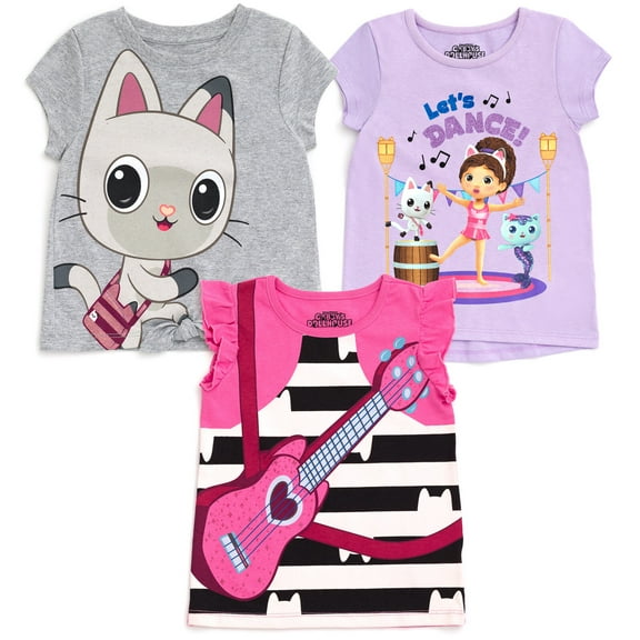 Dreamworks Gabby's Dollhouse Pandy Paws MerCat Big Girls 3 Pack T-Shirts Toddler to Big Kid
