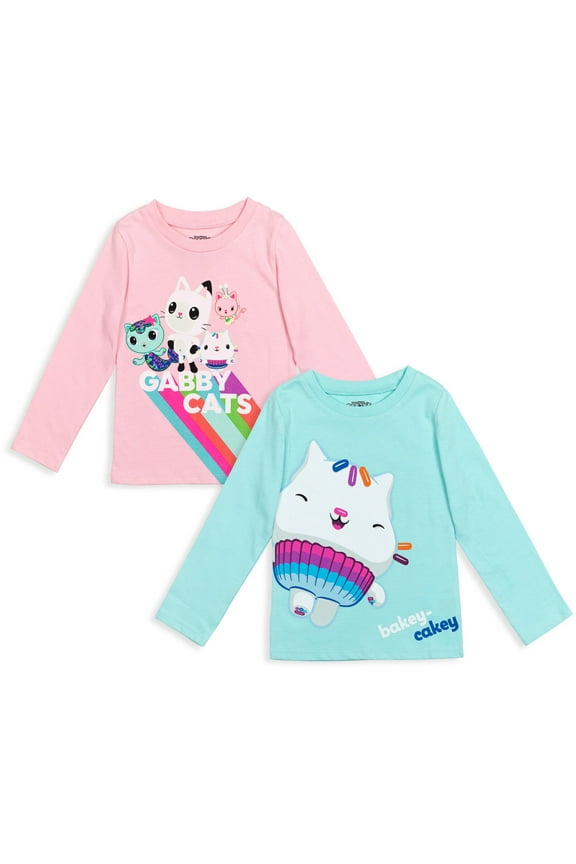 Gabby's Dollhouse Pandy Paws MerCat Cakey Cat Little Girls 2 Pack Long Sleeve T-Shirts Toddler to Big Kid