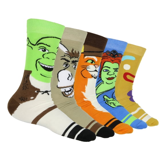 Dreamworks Shrek Socks Men's Donkey Fiona Puss and Boots Gingerbread Man Character Face Designs 5-Pair Mid-Calf Crew Socks