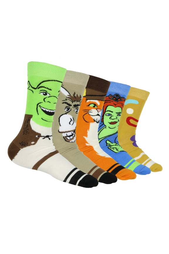 Dreamworks Shrek Socks Men's Donkey Fiona Puss and Boots Gingerbread Man Character Face Designs 5-Pair Mid-Calf Crew Socks