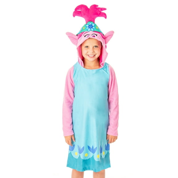 DreamWorks Trolls Movie Girls' Poppy 3D Character Pullover Hooded Nightgown Pajama Lounge Sleepwear