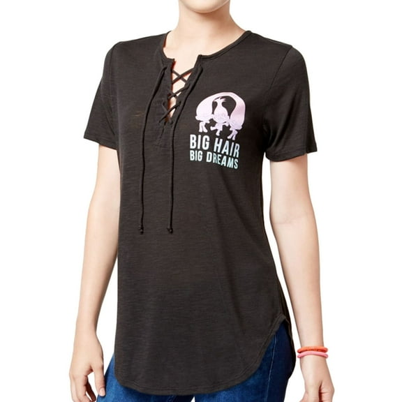 Dreamworks Womens Trolls Big Hair Lace-UP Graphic T-Shirt, Black, Juniors, X-Small