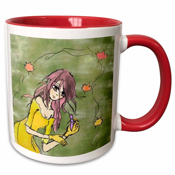 3drose, Dreamy - Anime Inspired Art of Girl with Leaves, 11oz Two-tone Red Mug