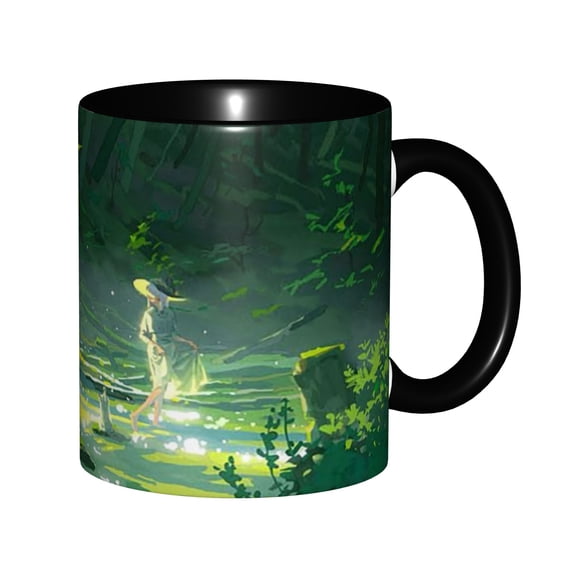Dreamy Anime Stream Girl Sunlight Forest Mug 11oz, Glowing Green Creek Magical Woodland Scene, Microwave Safe Gift for Ghibli & Fantasy Art Fans