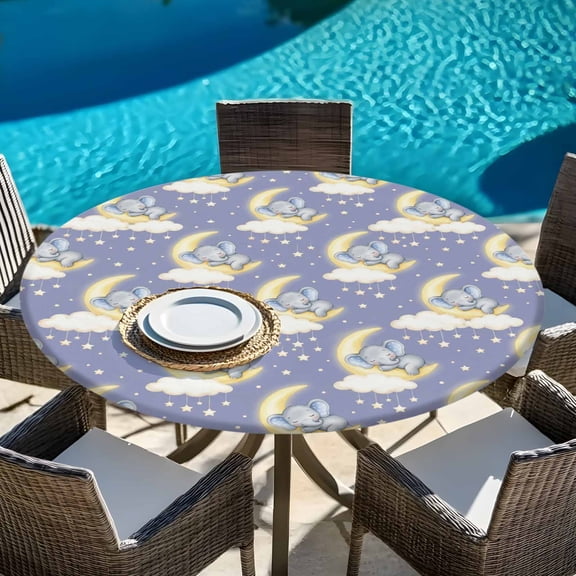 Dreamy Baby Elephants Sleeping on Purple Round Fitted Tablecloth with Elastic Edge,Waterproof Table Cloth Fits Tables 45"-54",Wipeable Washable Table Cover for Indoor Outdoor Dinning,Moons Stars