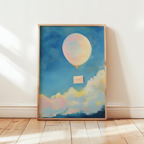 Dreamy Balloon With Letter Poster, Whimsical Pastel Poster,, Clouds Poster, Neon Pastel , Poster Print Only