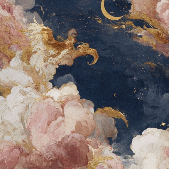 Dreamy Baroque Peel and Stick Wallpaper Celestial Baroque Clouds Golden Moons Stars Wall Mural 17.7in x 9.8ft Self Adhesive Removable Wall Paper Renter Friendly Wallpaper for Girls Kids Bedroom