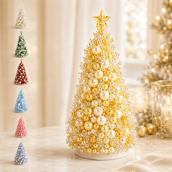 Dreamy Beaded Christmas Tree DIY Kit, 6.3in Plastic Craft Set with Layered Pearls & Crystals for Tabletop Mantel Windowsill Holiday Decoration Yellow