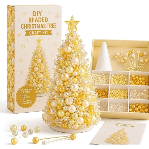 Dreamy Beaded Christmas Tree DIY Kit, Christmas Craft Decoration Set | Handmade Holiday Project for Home Decor, Seasonal Display and Creative Gifts (Yellow)