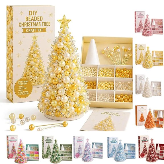 Dreamy Beaded Christmas Tree DIY Kit, Creative Holiday Craft, Colorful Pearl Beaded Tree, Craft Set for Adult, with Sparkling Crystal Beads, Tree Topper, Festive Holiday Decor & Display Stand