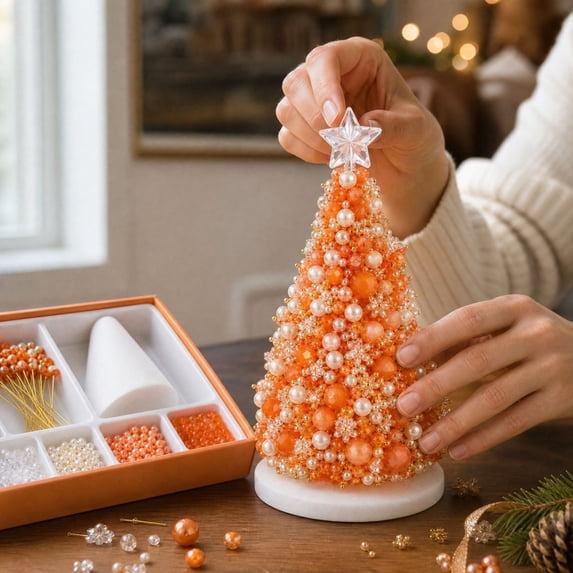 Dreamy Beaded Christmas Tree DIY Kit, Enjoyable Screen-Free Activity for Adults and Kids to Build Elegant Seasonal Home Accents (Orange)