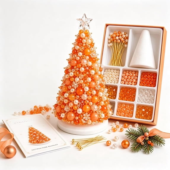 Dreamy Beaded Christmas Tree DIY Kit, Handmade Holiday Craft Set | Creative Christmas Tree Decoration Project for Adults Teens Tabletop Home Decor (Orange)