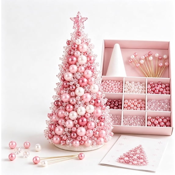 Dreamy Beaded Christmas Tree DIY Kit, Handmade Holiday Craft Set | Creative Christmas Tree Decoration Project for Adults Teens Tabletop Home Decor (Pink)