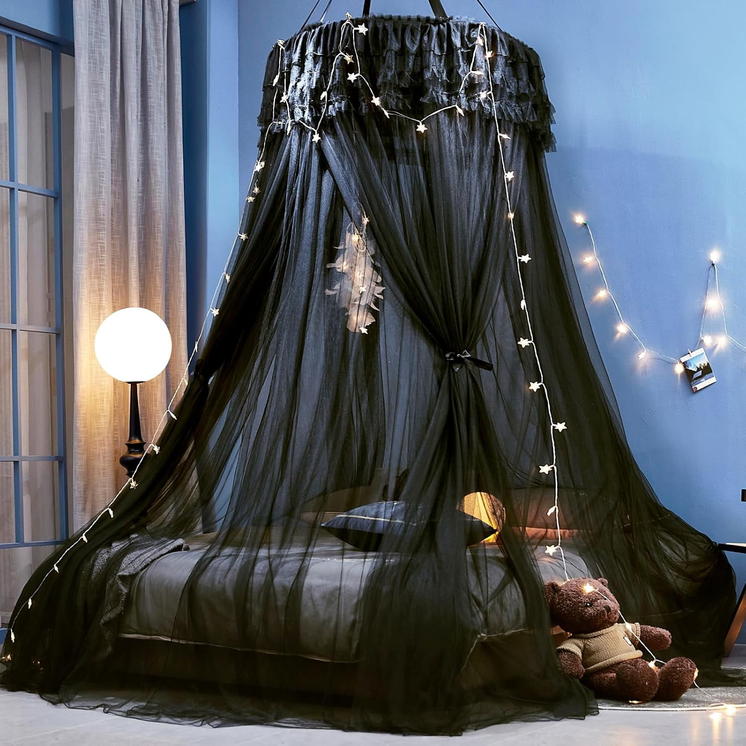 Dreamy Bed Canopy for Girls, Princess Canopy Curtains Double Layer Sheer Mesh, Kids & Adults Canopies Netting Room Decor Tent Mosquito Net for Queen King Bed (Double Layer-Black)